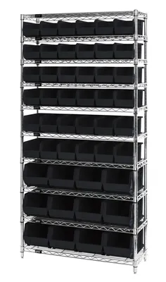 Quantum WR10-230240BK Stationary Bin Wire Shelving System, 36"D x 14"W x 74"H, 800 lb capacity, Chrome