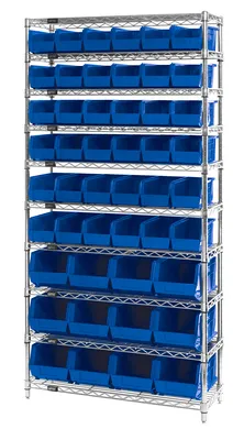 Quantum WR10-230240BL Stationary Bin Wire Shelving System, 36"D x 14"W x 74"H, 800 lb capacity, Chrome
