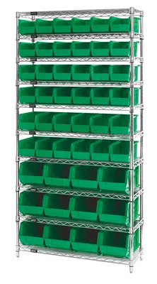 Quantum WR10-230240GN Stationary Bin Wire Shelving System, 36"D x 14"W x 74"H, 800 lb capacity, Chrome