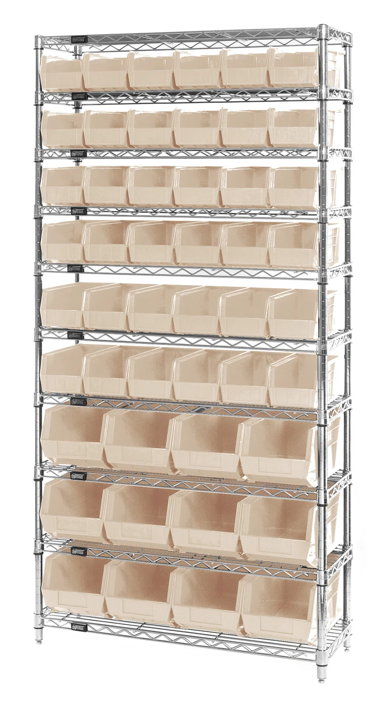Quantum WR10-230240IV Stationary Bin Wire Shelving System, 36"D x 14"W x 74"H, 800 lb capacity, Chrome