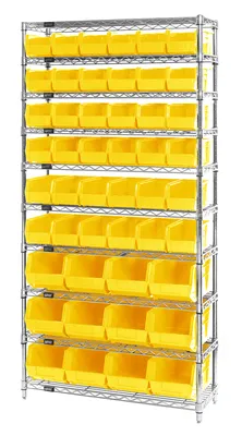 Quantum WR10-230240YL Stationary Bin Wire Shelving System, 36"D x 14"W x 74"H, 800 lb capacity, Chrome