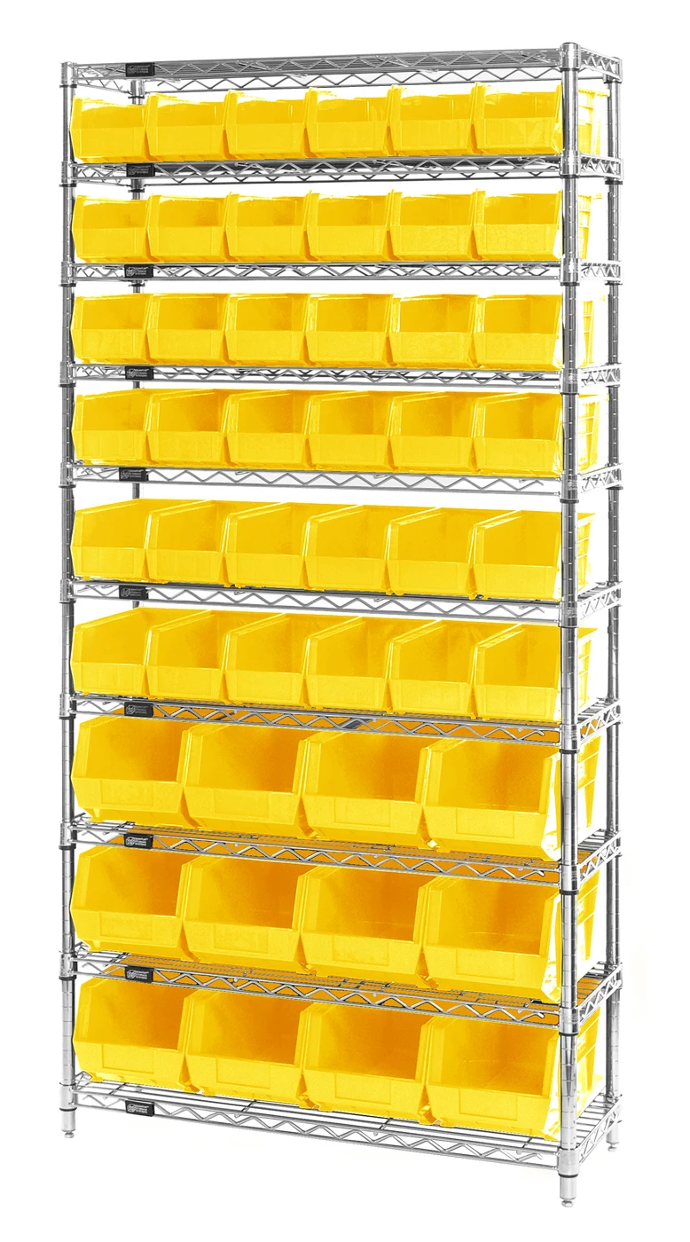 Quantum WR10-230240YL Stationary Bin Wire Shelving System, 36"D x 14"W x 74"H, 800 lb capacity, Chrome