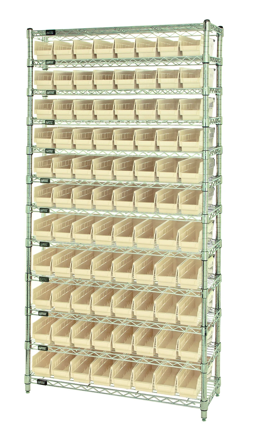 Quantum WR12-101IV Bin Wire Shelving System, 36"D x 12"W x 74"H, 800 lb capacity, Chrome