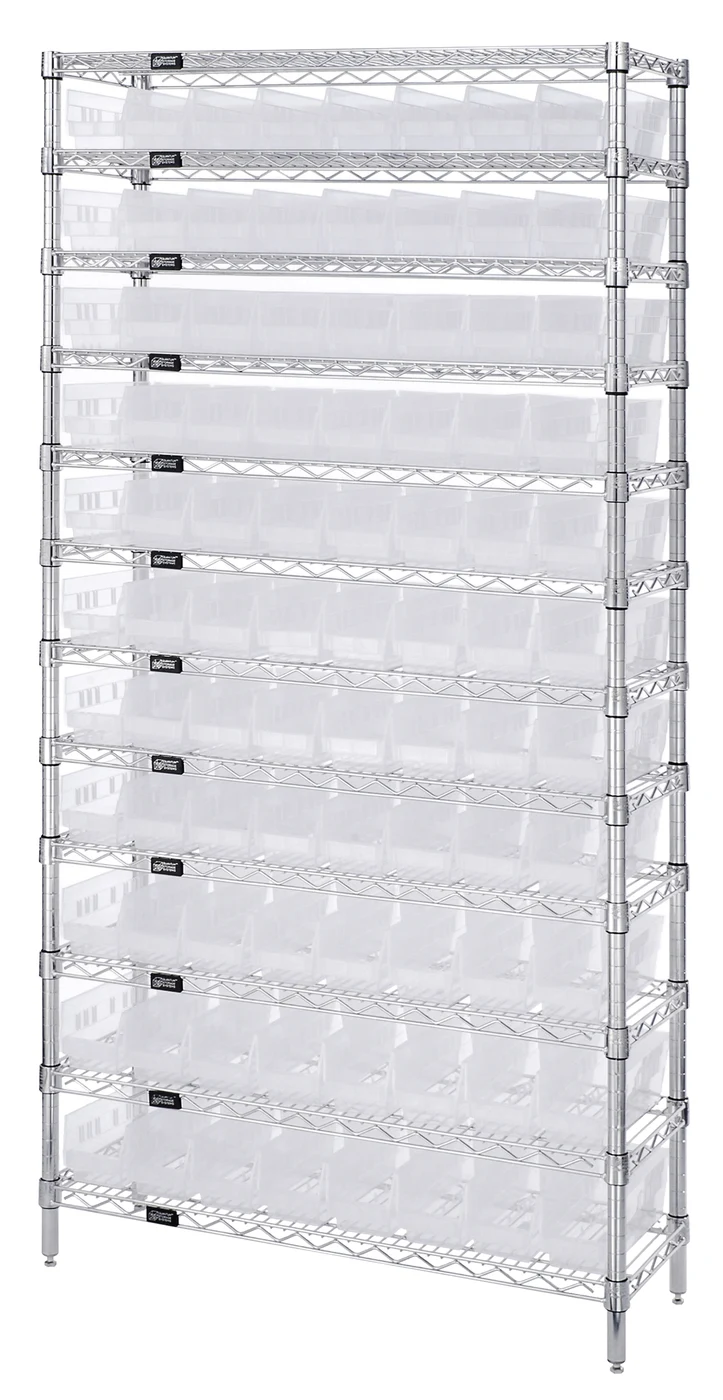 Quantum WR12-101CL Bin Wire Shelving System, 36"D x 12"W x 74"H, 800 lb capacity, Chrome