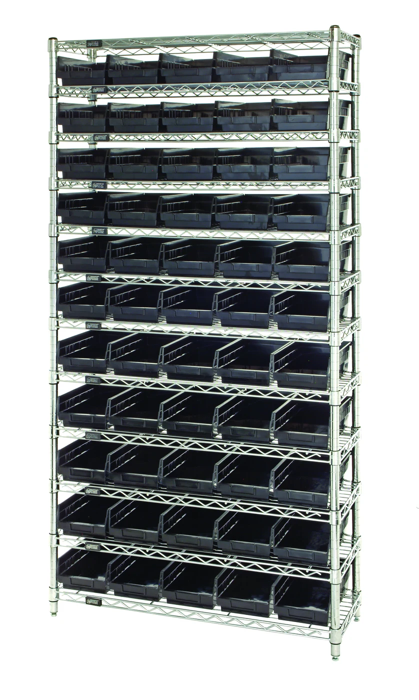Quantum WR12-102BK Bin Wire Shelving System, 36"D x 12"W x 74"H, 800 lb capacity, Chrome