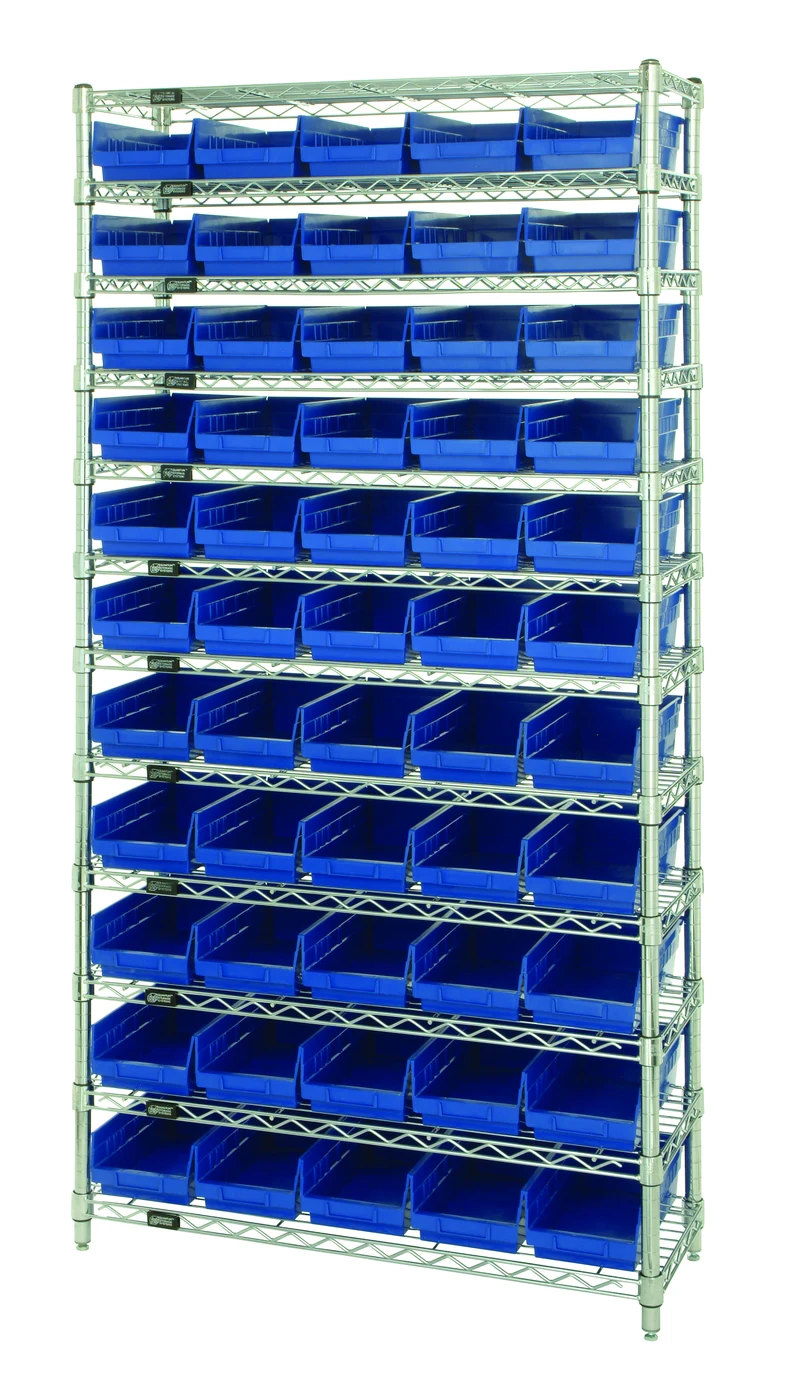 Quantum WR12-102BL Bin Wire Shelving System, 36"D x 12"W x 74"H, 800 lb capacity, Chrome