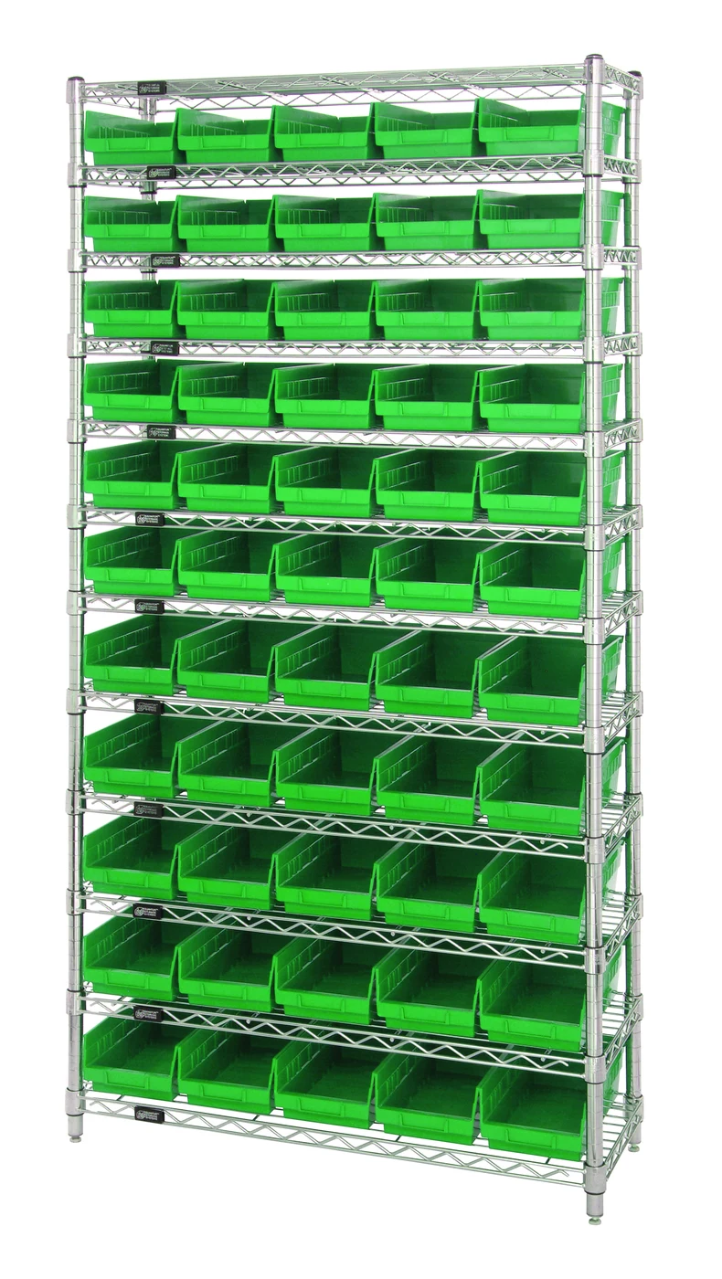 Quantum WR12-102GN Bin Wire Shelving System, 36"D x 12"W x 74"H, 800 lb capacity, Chrome