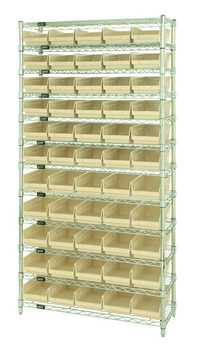 Quantum WR12-102IV Bin Wire Shelving System, 36"D x 12"W x 74"H, 800 lb capacity, Chrome