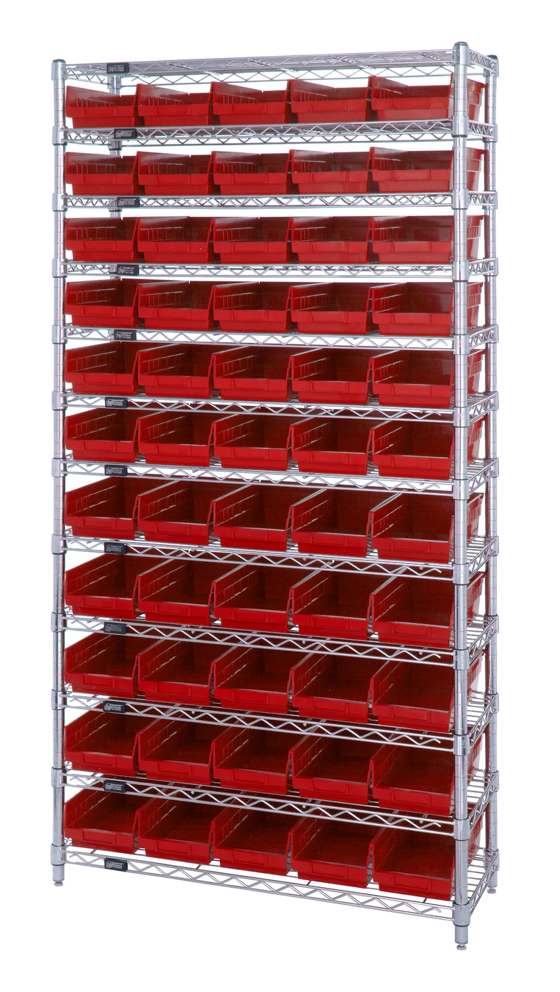 Quantum WR12-102RD Bin Wire Shelving System, 36"D x 12"W x 74"H, 800 lb capacity, Chrome