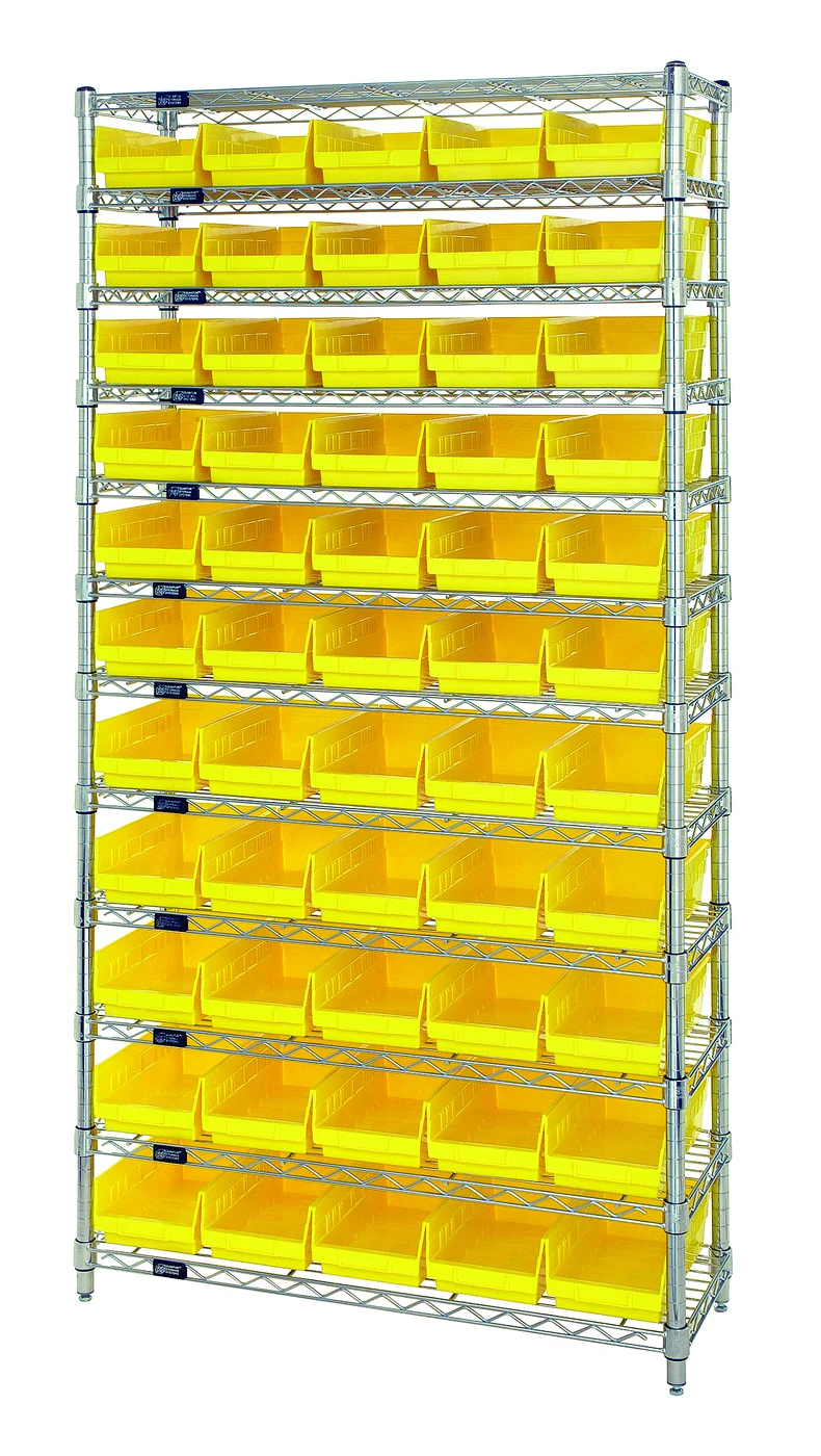 Quantum WR12-102YL Bin Wire Shelving System, 36"D x 12"W x 74"H, 800 lb capacity, Chrome
