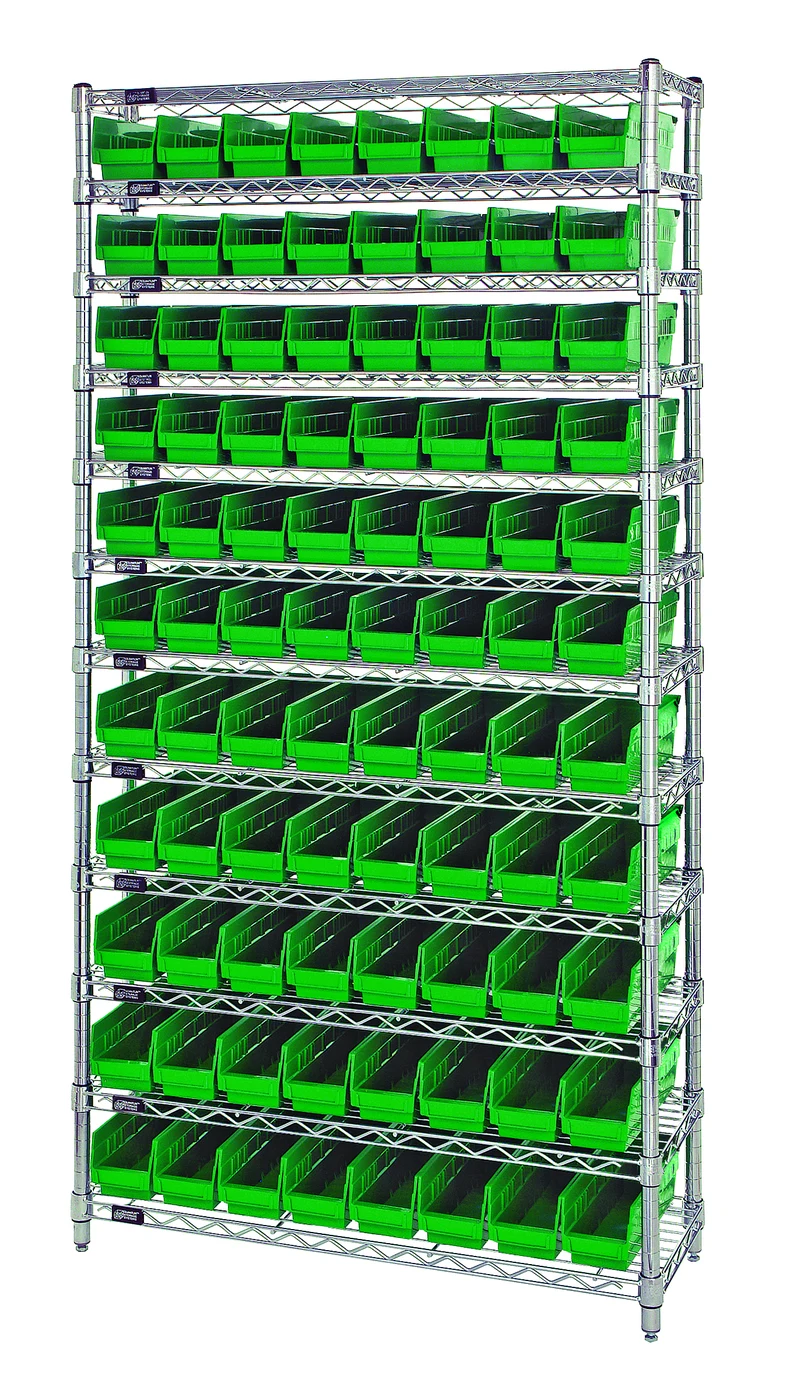 Quantum WR12-103GN Bin Wire Shelving System, 36"D x 18"W x 74"H, 800 lb capacity, Chrome