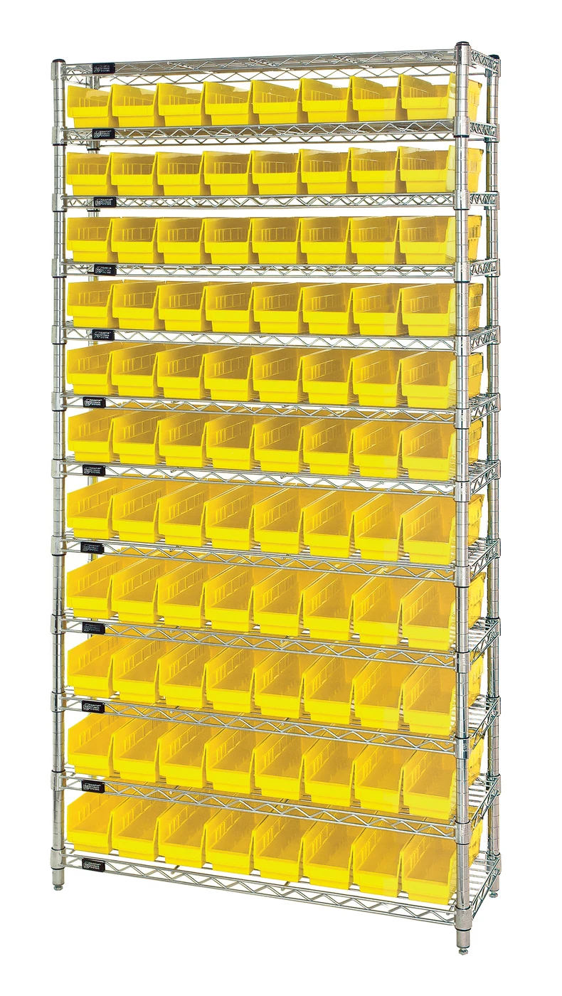 Quantum WR12-103YL Bin Wire Shelving System, 36"D x 18"W x 74"H, 800 lb capacity, Chrome