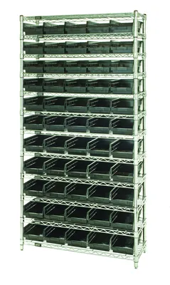 Quantum WR12-104BK Bin Wire Shelving System, 36"D x 18"W x 74"H, 800 lb capacity, Chrome