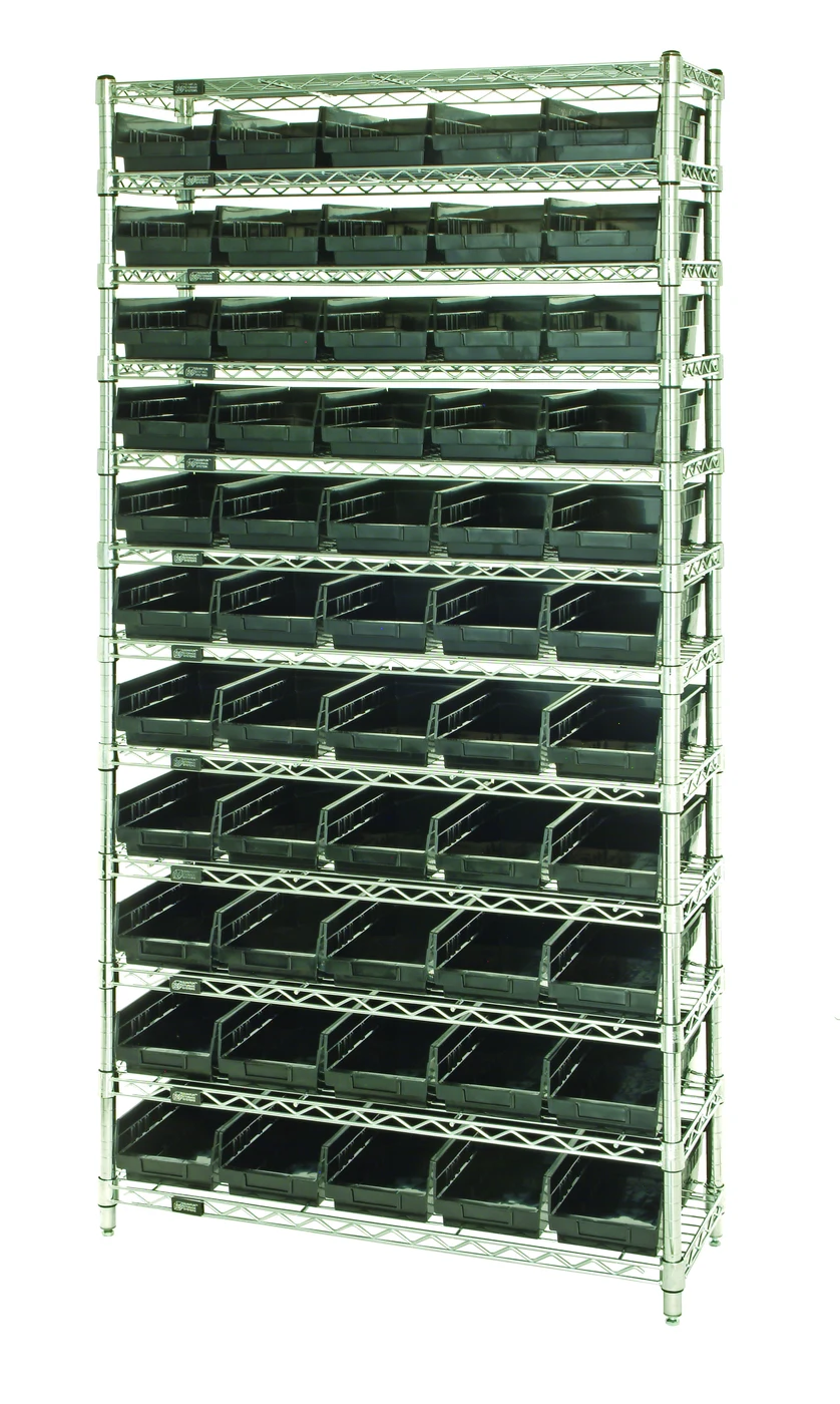 Quantum WR12-104BK Bin Wire Shelving System, 36"D x 18"W x 74"H, 800 lb capacity, Chrome