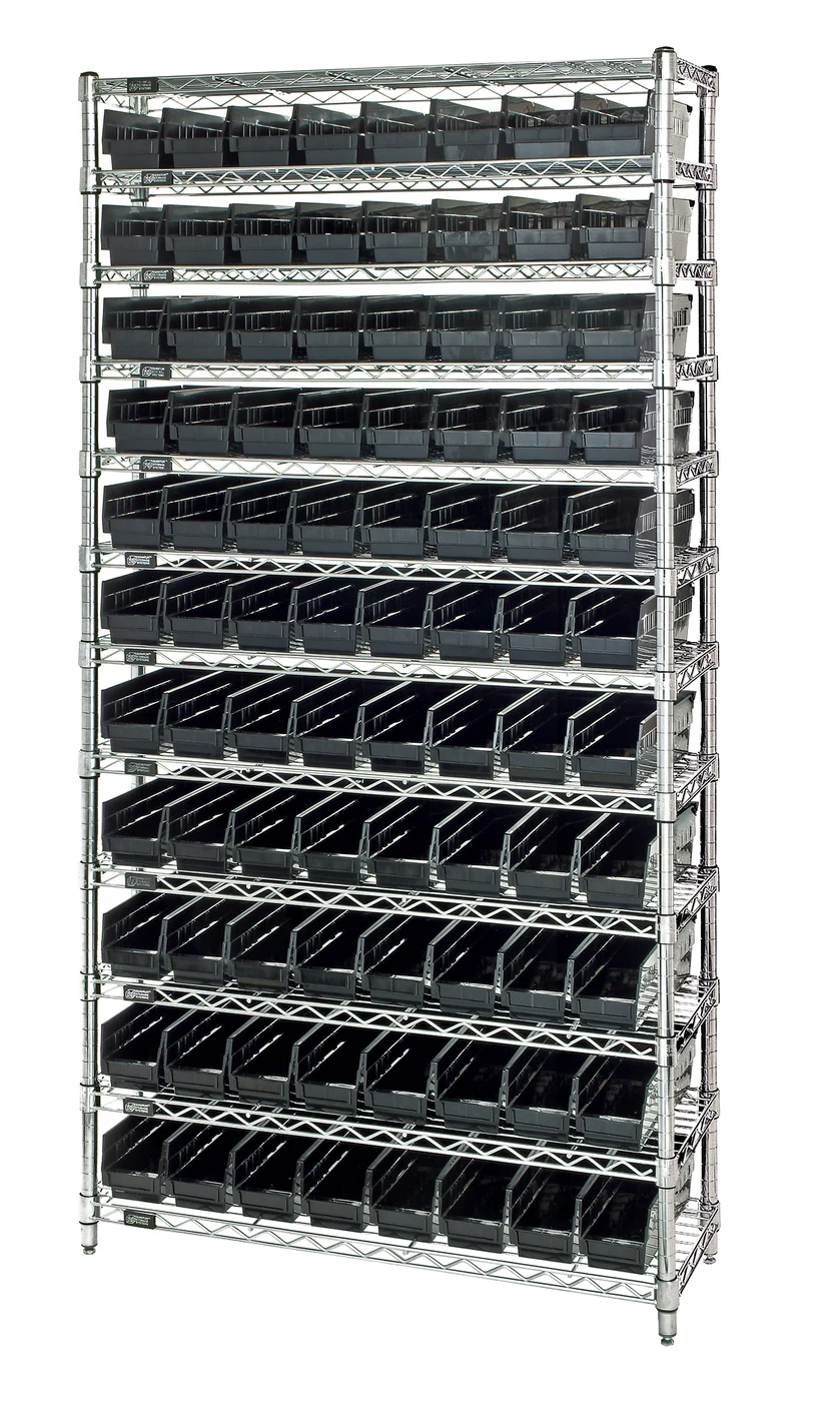 Quantum WR12-105BK Bin Wire Shelving System, 36"D x 24"W x 74"H, 800 lb capacity, Chrome
