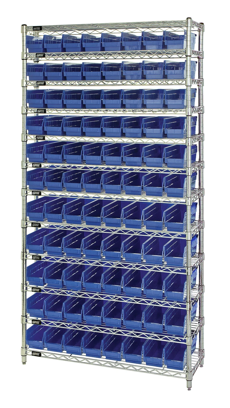 Quantum WR12-105BL Bin Wire Shelving System, 36"D x 24"W x 74"H, 800 lb capacity, Chrome