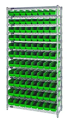 Quantum WR12-105GN Bin Wire Shelving System, 36"D x 24"W x 74"H, 800 lb capacity, Chrome