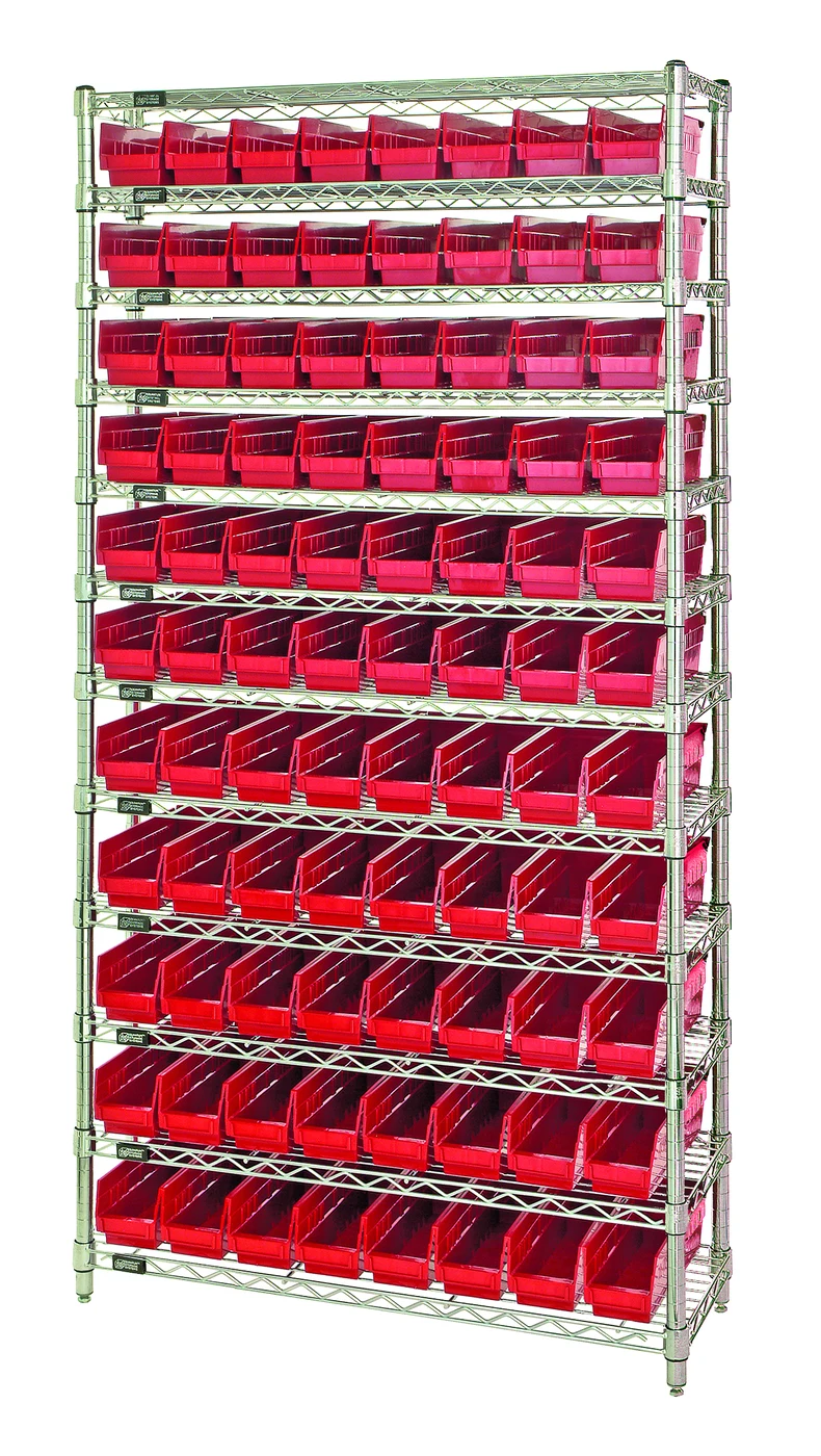 Quantum WR12-105RD Bin Wire Shelving System, 36"D x 24"W x 74"H, 800 lb capacity, Chrome