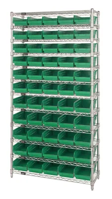 Quantum WR12-106GN Bin Wire Shelving System, 36"D x 24"W x 74"H, 800 lb capacity, Chrome