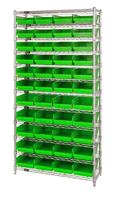 Quantum WR12-107GN Bin Wire Shelving System, 36"D x 12"W x 74"H, 800 lb capacity, Chrome