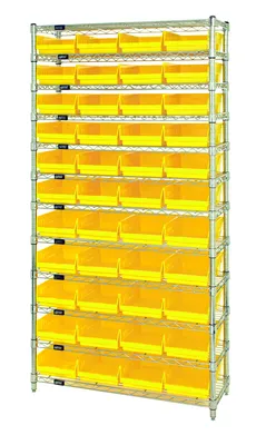 Quantum WR12-107YL Bin Wire Shelving System, 36"D x 12"W x 74"H, 800 lb capacity, Chrome