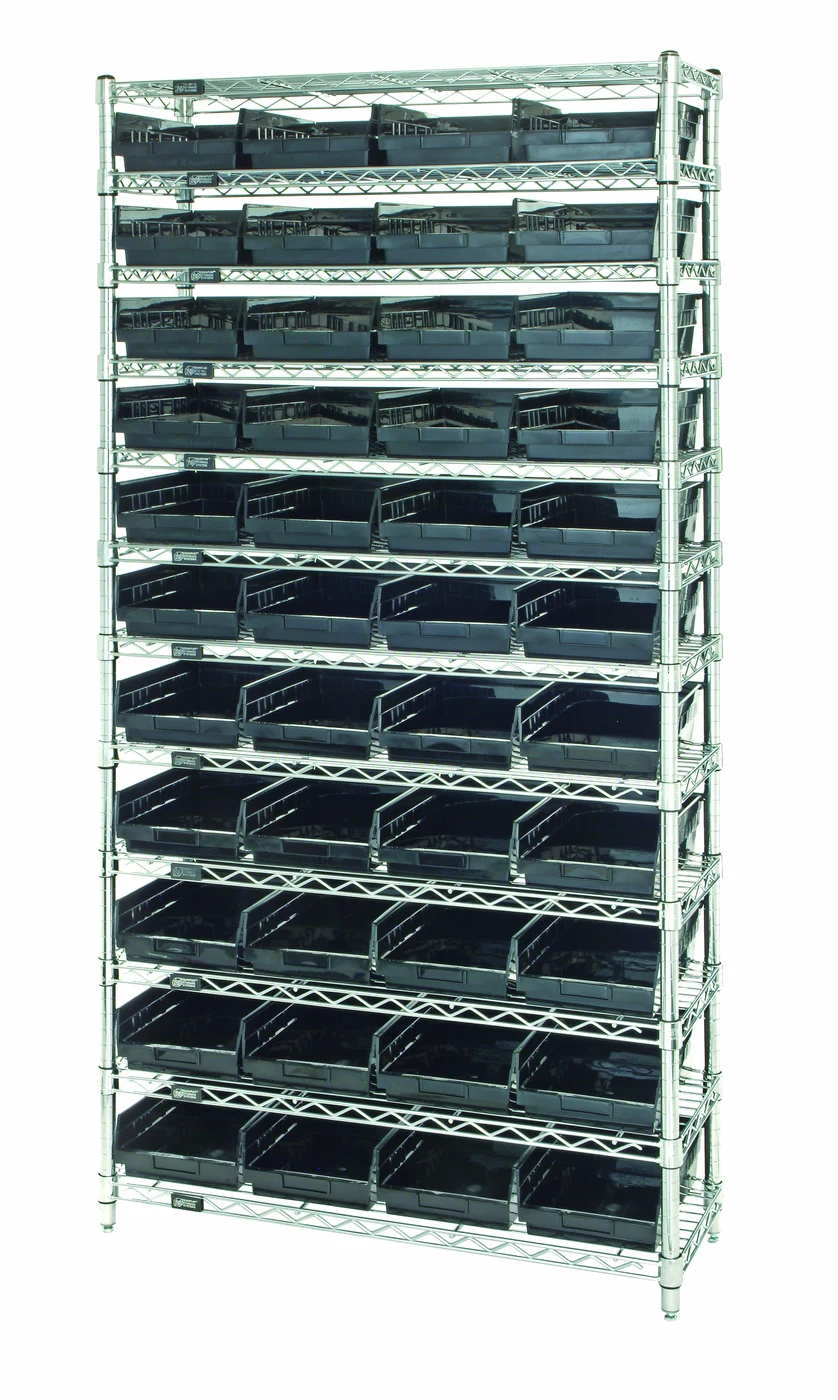 Quantum WR12-108BK Bin Wire Shelving System, 36"D x 18"W x 74"H, 800 lb capacity, Chrome