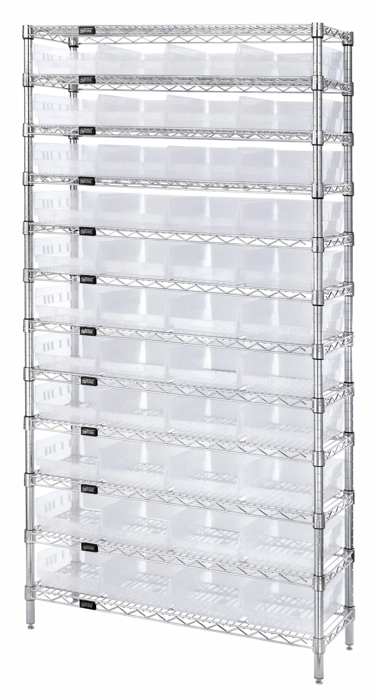 Quantum WR12-108CL Bin Wire Shelving System, 36"D x 18"W x 74"H, 800 lb capacity, Chrome