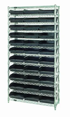 Quantum WR12-109BK Bin Wire Shelving System, 36"D x 12"W x 74"H, 800 lb capacity, Chrome
