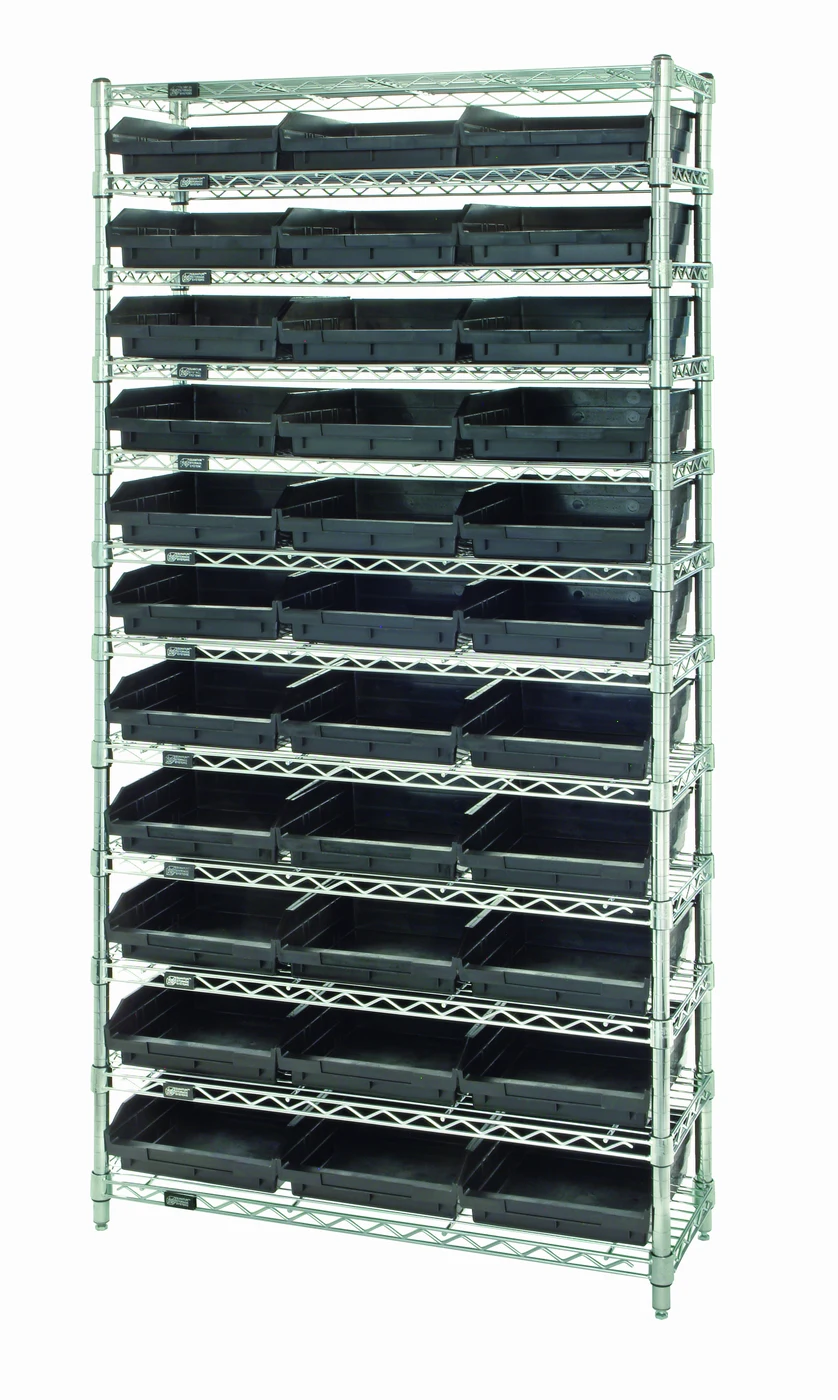 Quantum WR12-109BK Bin Wire Shelving System, 36"D x 12"W x 74"H, 800 lb capacity, Chrome