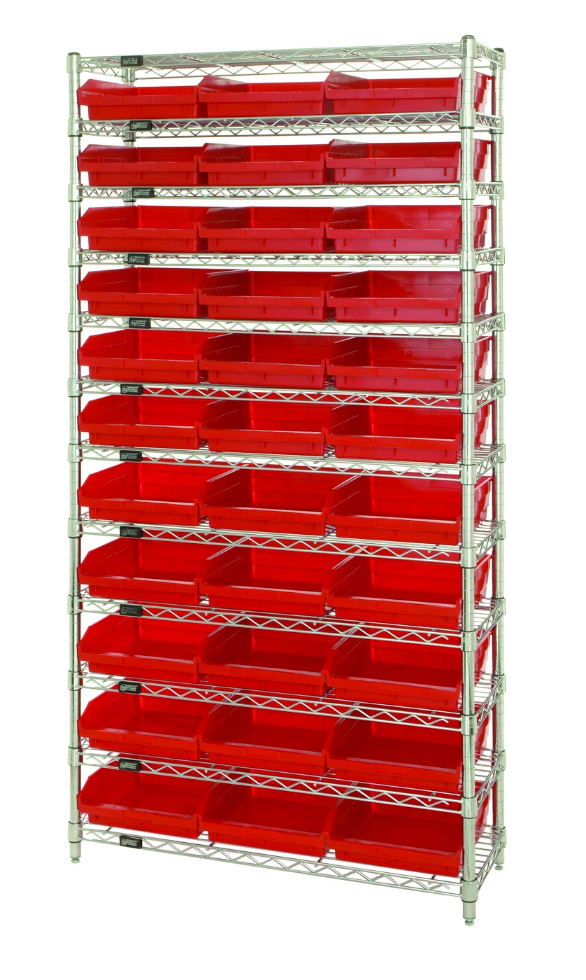 Quantum WR12-109RD Bin Wire Shelving System, 36"D x 12"W x 74"H, 800 lb capacity, Chrome