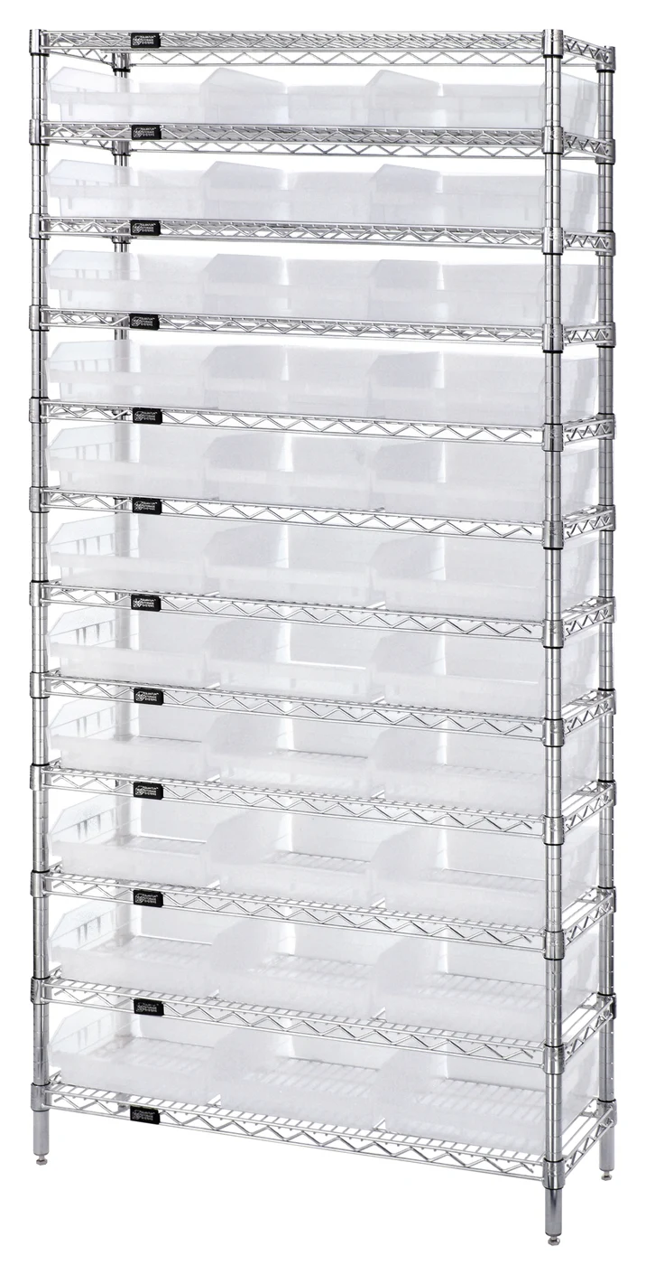 Quantum WR12-109CL Bin Wire Shelving System, 36"D x 12"W x 74"H, 800 lb capacity, Chrome