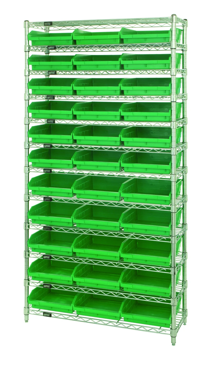 Quantum WR12-110GN Bin Wire Shelving System, 36"D x 18"W x 74"H, 800 lb capacity, Chrome