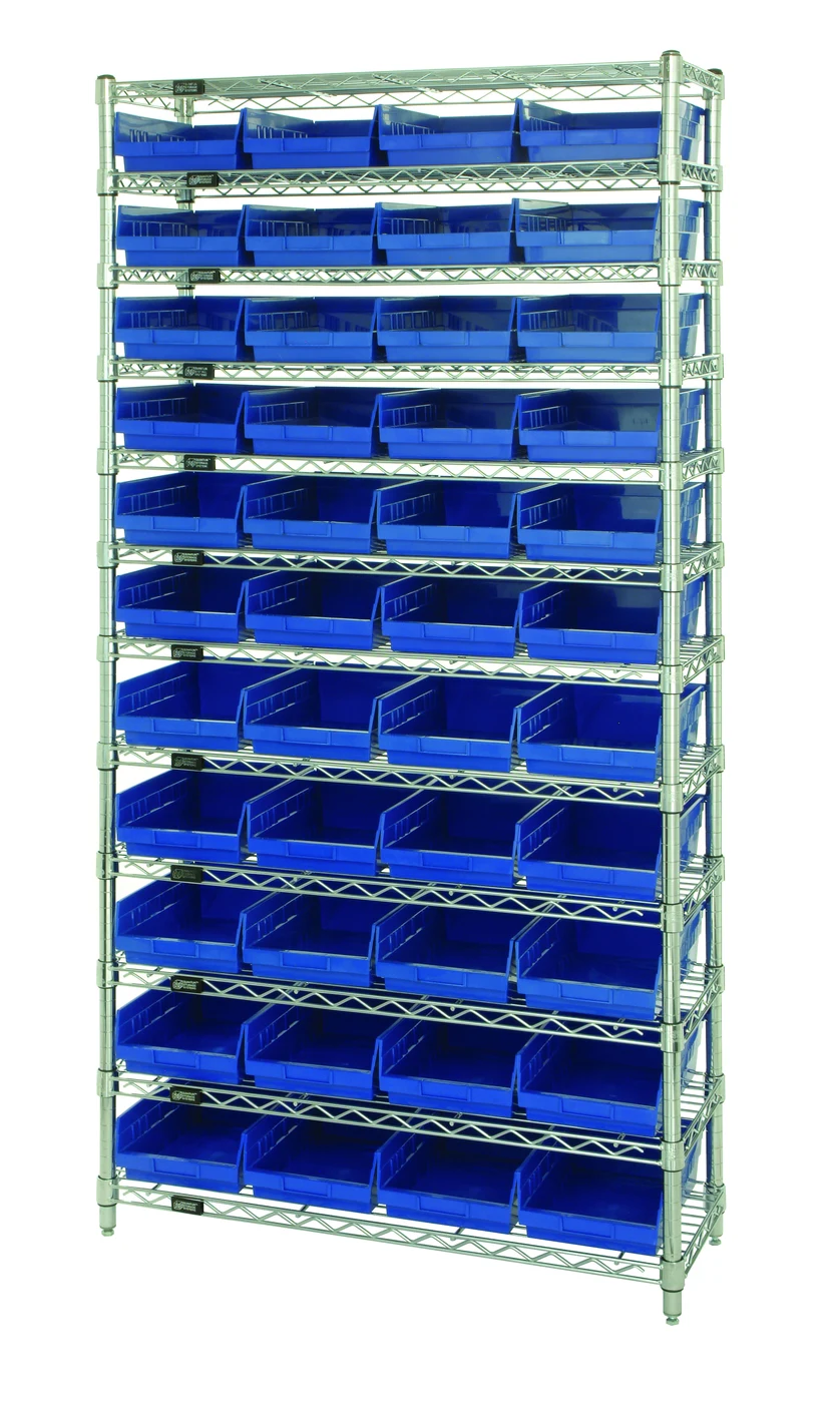 Quantum WR12-114BL Bin Wire Shelving System, 36"D x 24"W x 74"H, 800 lb capacity, Chrome