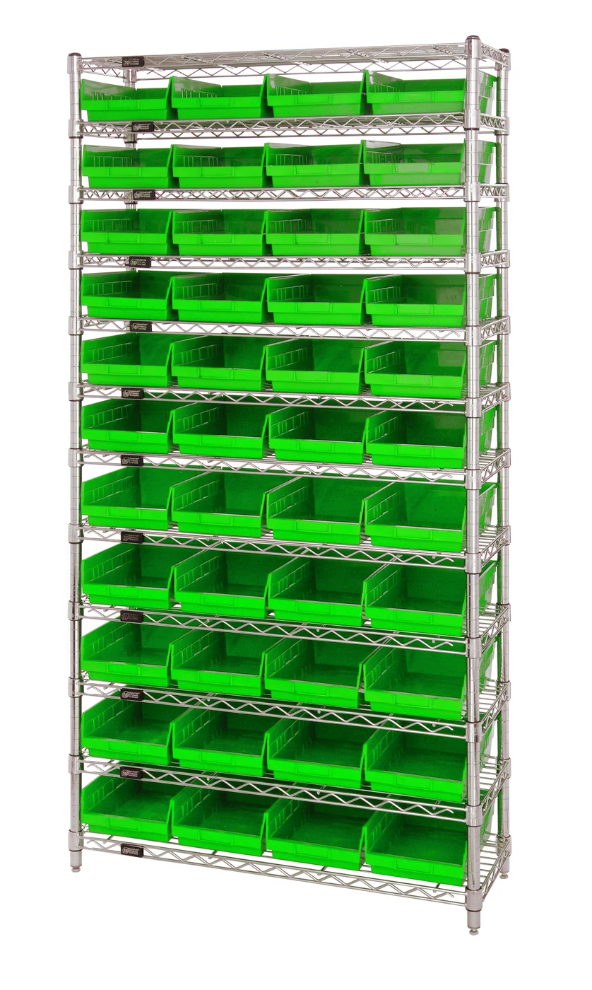 Quantum WR12-114GN Bin Wire Shelving System, 36"D x 24"W x 74"H, 800 lb capacity, Chrome