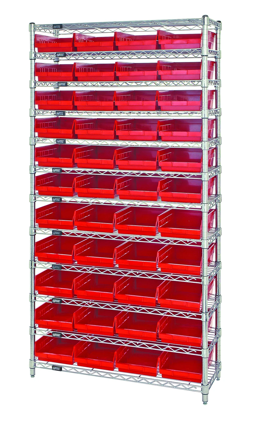 Quantum WR12-114RD Bin Wire Shelving System, 36"D x 24"W x 74"H, 800 lb capacity, Chrome