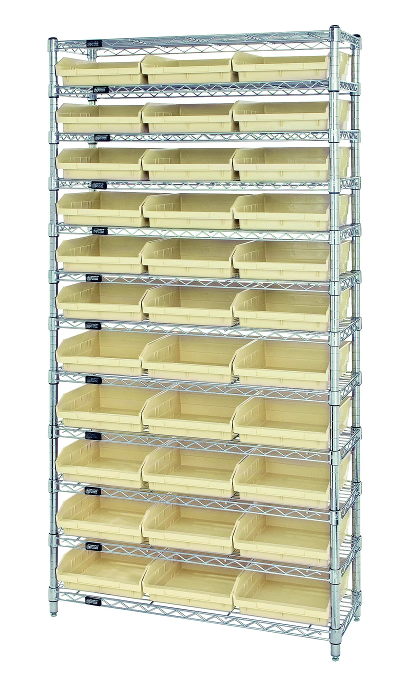 Quantum WR12-116IV Bin Wire Shelving System, 36"D x 24"W x 74"H, 800 lb capacity, Chrome