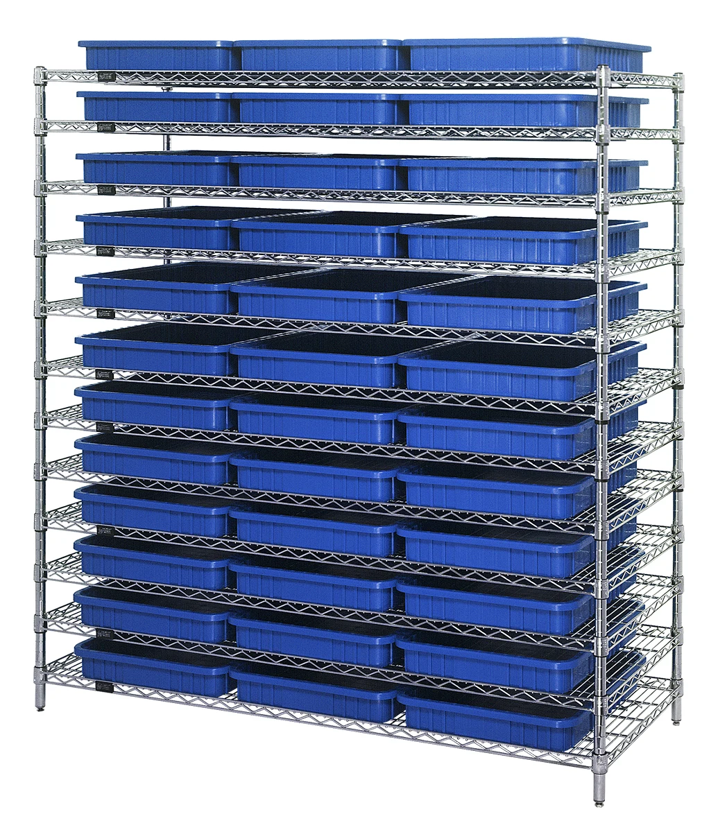 Quantum WR12-93030BL Bin Wire Shelving System, 60"L x 24"W x 63"H, 600 lb capacity, Chrome