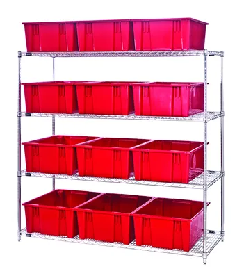 Quantum WR4-12225RD Bin Wire Shelving System, 66"L x 24"W x 63"H, 600 lb capacity, Chrome
