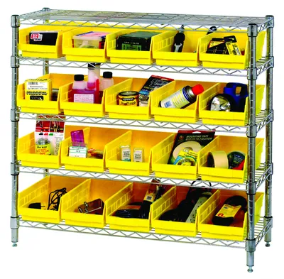 Quantum WR12-107CL Bin Wire Shelving System, 36"D x 12"W x 74"H, 800 lb capacity, Chrome — in use