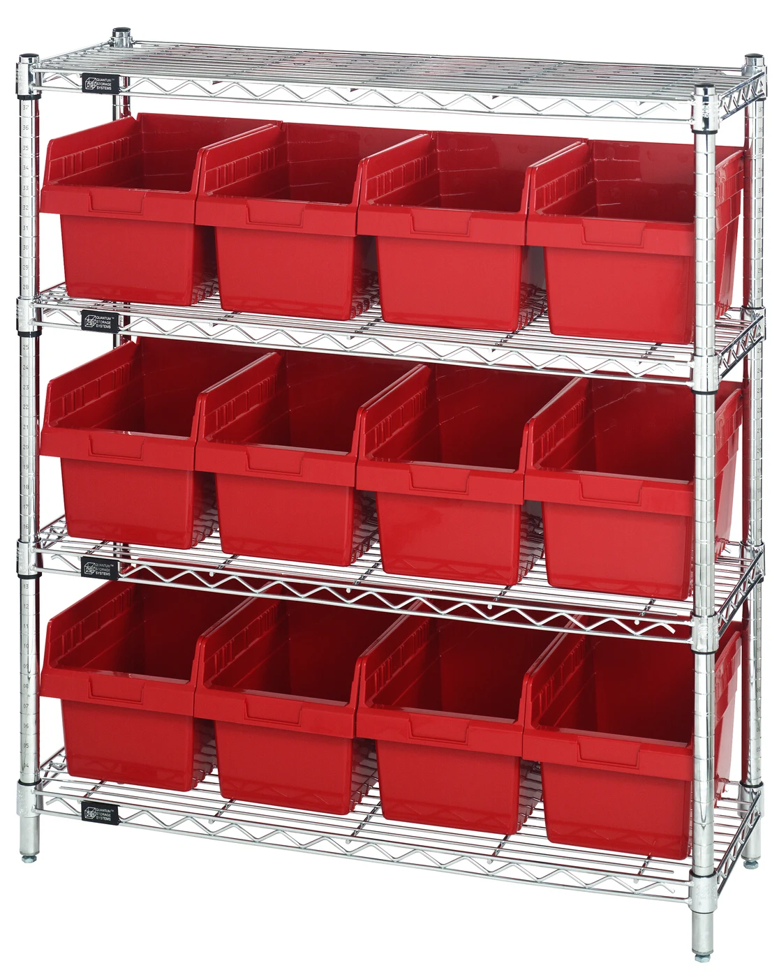 Quantum WR4-39-1236-807RD Bin Wire Shelving Center, 12"W x 36"D x 39"H, 800 lb capacity, Chrome