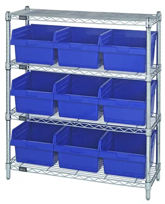 Quantum WR4-39-1236-809BL Bin Wire Shelving Center, 12"W x 36"D x 39"H, 800 lb capacity, Chrome