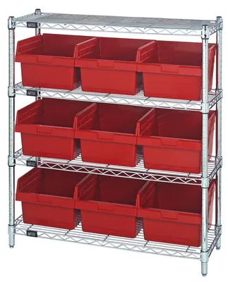 Quantum WR4-39-1236-809RD Bin Wire Shelving Center, 12"W x 36"D x 39"H, 800 lb capacity, Chrome