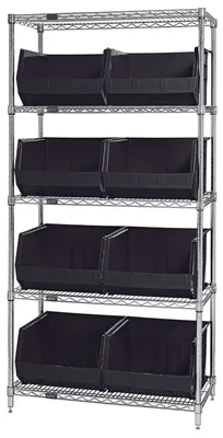 Quantum WR5-270BK Bin Wire Shelving System, 36"D x 18"W x 74"H, 800 lb capacity, Chrome