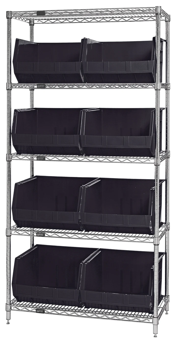 Quantum WR5-270BK Bin Wire Shelving System, 36"D x 18"W x 74"H, 800 lb capacity, Chrome