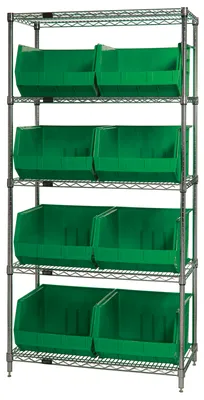 Quantum WR5-260GN Bin Wire Shelving System, 36"D x 18"W x 74"H, 800 lb capacity, Chrome