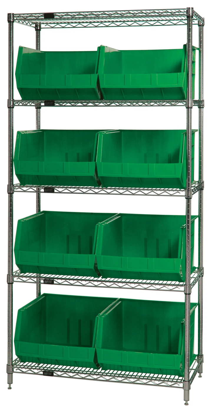 Quantum WR5-260GN Bin Wire Shelving System, 36"D x 18"W x 74"H, 800 lb capacity, Chrome