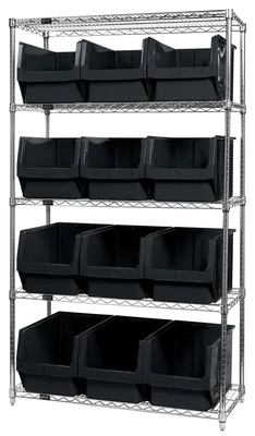 Quantum WR5-533BK Bin Wire Shelving System, 42"W x 18"D x 74"H, 800 lb capacity, Chrome