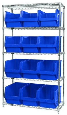 Quantum WR5-533BL Bin Wire Shelving System, 42"W x 18"D x 74"H, 800 lb capacity, Chrome