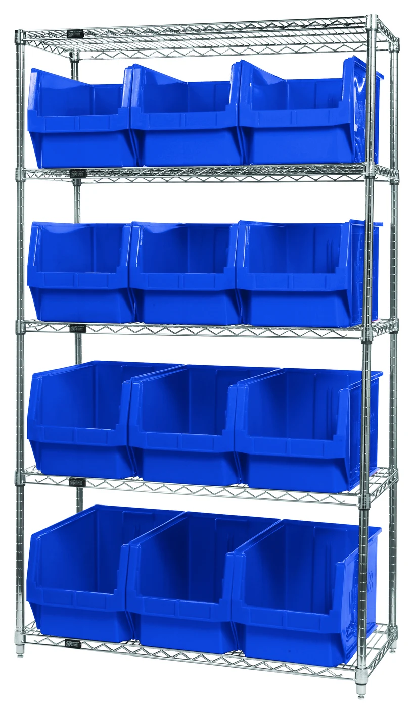 Quantum WR5-533BL Bin Wire Shelving System, 42"W x 18"D x 74"H, 800 lb capacity, Chrome