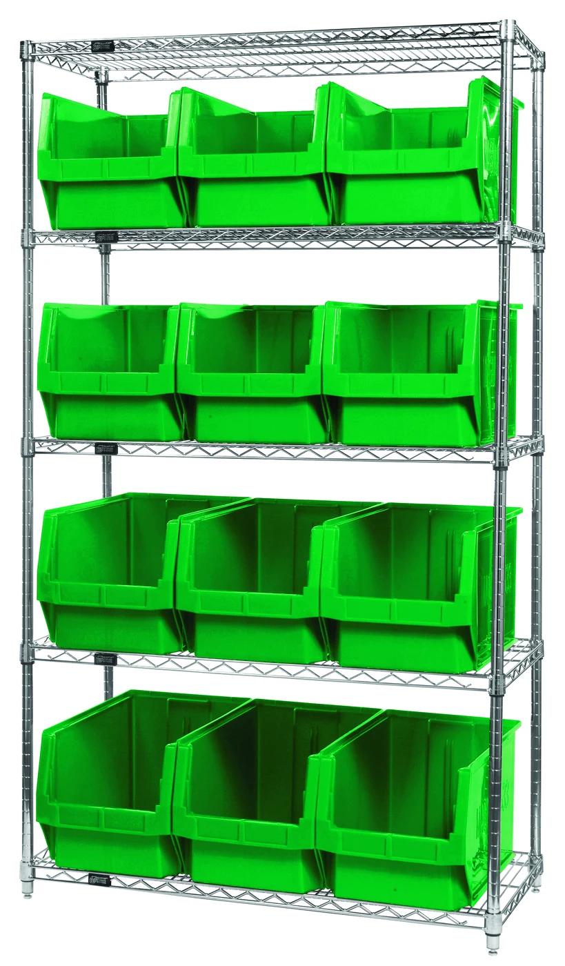 Quantum WR5-533GN Bin Wire Shelving System, 42"W x 18"D x 74"H, 800 lb capacity, Chrome
